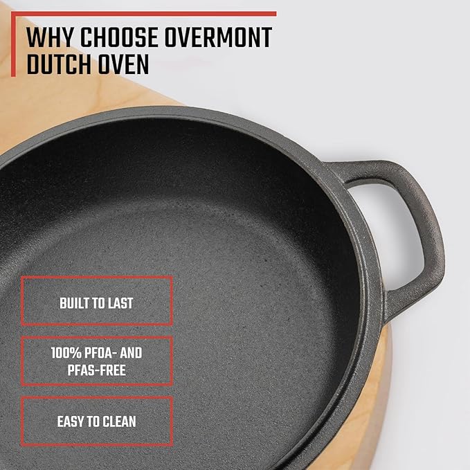 Overmont 2-in-1 Cast Iron Dutch Oven - 7QT Pre-Seasoned All-in-One Casserole Braising Pan with Skillet Lid Cookbook & Silicone Handle Covers - Heavy Duty Oven-Safe Pot for Bread Baking Frying Camping