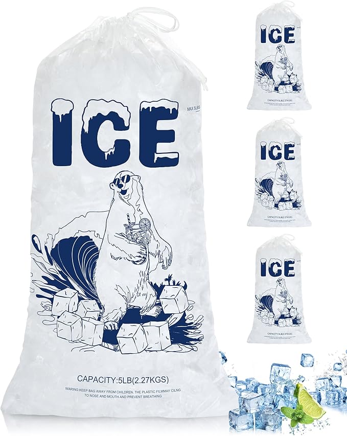 Ice Bags 5lb with Drawstring – 100 Count Durable Reusable Plastic Ice Storage Bags for Freezer, Parties, Ice Makers, Camping