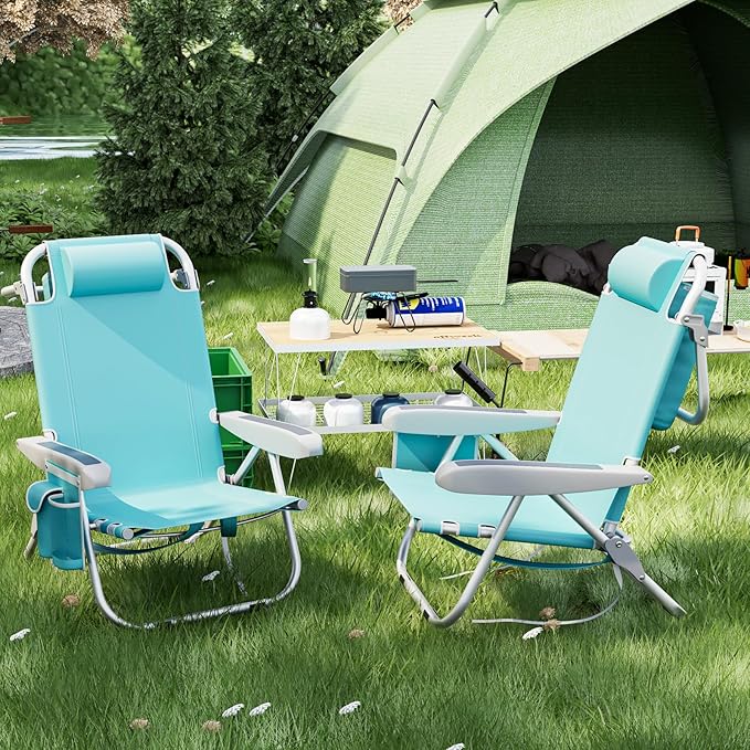 Tangkula Set of 4 Backpack Beach Chair, 5-Position Lightweight Folding Lay Flat Beach Chairs with Storage Bag, 2 Cup Holders, Towel Bar, Backpack Straps