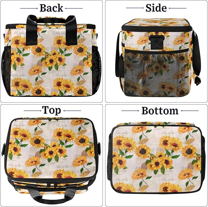 Soft Cooler Bag Vintage Sunflower Flower Insulated Lunch Box for Men & Women, Large Leakproof Lunch Bag Portable Beach Cooler for Work, Picnic, Road Trips,Fishing, Travel, Camping