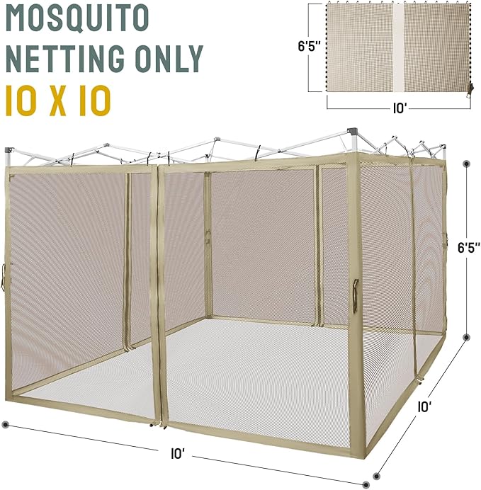 CROWN SHADES Gazebo Mosquito Net for 10 x 10 Pop Up Canopy - Patio Gazebo Mesh Sidewall with Zipper for Outdoor Tent, Garden and Backyard (4 Packs,Khaki)