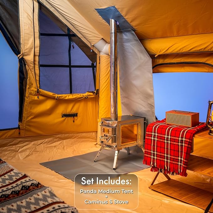 Inflatable Canvas Camping Tents with Stove Jack – Air Beam Blow Up Family Camping Tent for 2–6 People, Fast Setup Shelter with Hand Pump