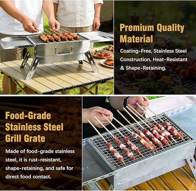 Portable Tabletop Charcoal Grill, Foldable Stainless Steel Mini BBQ Grill with Carry Bag, Lightweight Small Camping Picnic Travel Tailgating Patio Grill