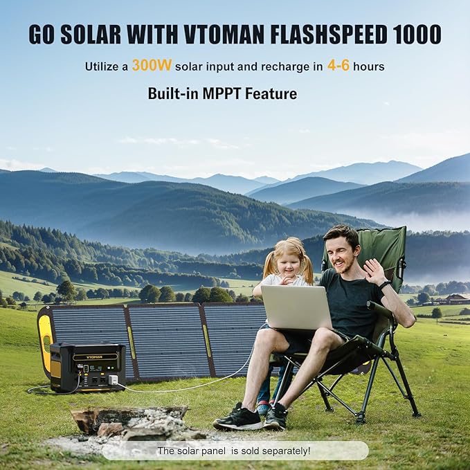 VTOMAN FlashSpeed 1000 Solar Generator 1000W/828Wh with 110W Solar Panel - LiFePO4 Battery, Expandable to 2376Wh, IP67 Waterproof Solar Charging for Extended Off-Grid, Home Backup, Camping, RV