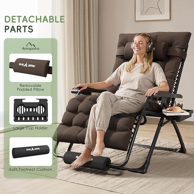 Amopatio Oversized Zero Gravity Chair, 29''W Reclining Camping Lounge Chair Upgraded Lock and Footrest, Folding Patio Recliner with Cup Holder, Removable Cushion & Headrest