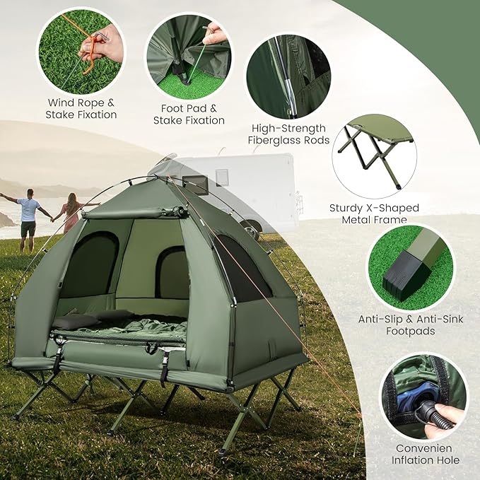 Safstar 5-in-1 Tent Cot, Camping Cot Tent with Air Mattress, Sleeping Bag, Camping Cot, Awning & Air Pillow, Carrying Bag, Off The Ground Tent, Elevated Tent Cot for Camping Hiking Picnic Travel