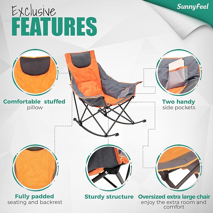 SUNNYFEEL Oversized Rocking Camping Chair 2 Pack, Fully Padded Patio Chair with Side Pocket, High Back Portable Lawn Recliner with Carry Bag, Outdoor Rocker Camp Chairs for Adults Heavy Duty 500 LBS