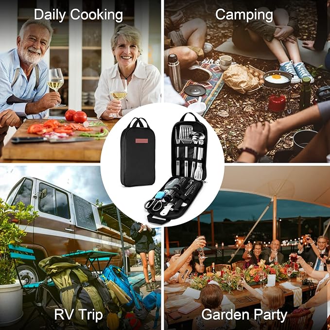 Odoland 14pcs Camping Cooking Utensils Set, Stainless Steel Outdoor Kitchen Cookware Kit, Portable Storage Bag for Knife, Fork, Spoon, Chopping Board, Chef's Knife, Camping, Grilling, Picnic and BBQ