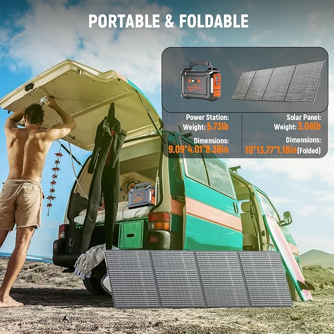 POWSTREAM 296Wh Portable Power Station with Solar Panel 60W Kit Solar Generator with Panels Included AC Outlet 300W Pure Sine Wave Solar Power Bank for Camping Home Power Outage Hunting Outdoor RV Van