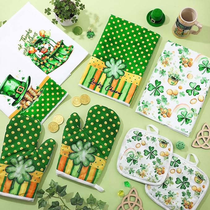 8 Pcs St Patrick Day Kitchen Decor Set 4 Four Leaf Clover Dish Towel 2 Pot Holder 2 Oven Mitt Tent for Car Irish Hat Kitchen Accessories Rv Campers Home Decorations