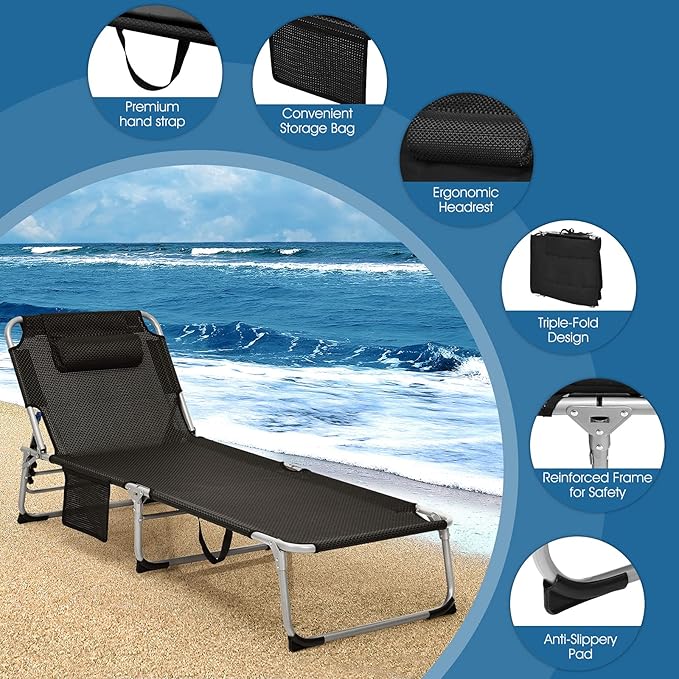 Giantex 2-Pack 2-in-1 Lounge Chair Chaise Lounger with Mattress, 4 Adjustable Position, Pillow, Side Pocket Beach Recliner for Sunbathing, Patio, Pool, Lawn, Deck Folding Camping Cot, Black