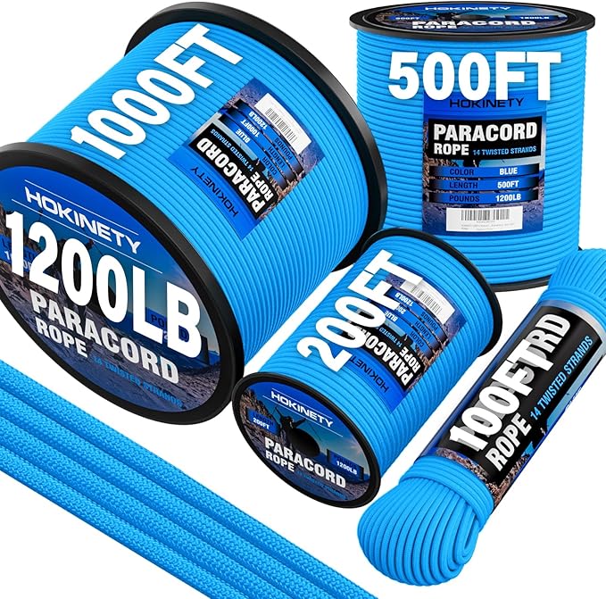 1200 Paracord Rope - 4.4mm 14 Strand Nylon Parachute Spool para Cord Lanyard for Outdoor Camping Survival Utility Tent Crafting DIY Projects Fishing Clothsline Bracelet - Blue 200FT