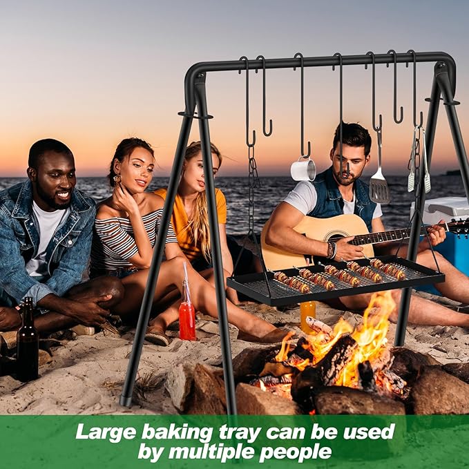 Campfire Swing Grill Stand Adjustable Campfire Cooking Equipment Camping Accessories Cookware Hanging Rack with 8 Hooks and Portable Grill Stand for BBQ Picnic Outdoor Party