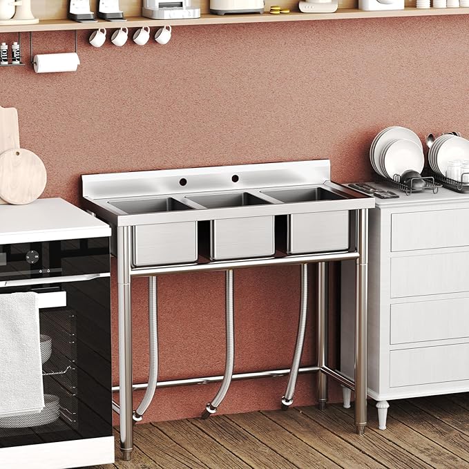 Zstar Stainless Steel Sink, 3-Compartment Freestanding Sink with Hot & Cold Hoses, Commercial Kitchen Utility Sink for Garage, Restaurant, Backyard for Indoor Outdoor (33in)