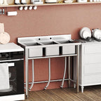 Zstar Stainless Steel Sink, 3-Compartment Freestanding Sink with Hot & Cold Hoses, Commercial Kitchen Utility Sink for Garage, Restaurant, Backyard for Indoor Outdoor (33in)