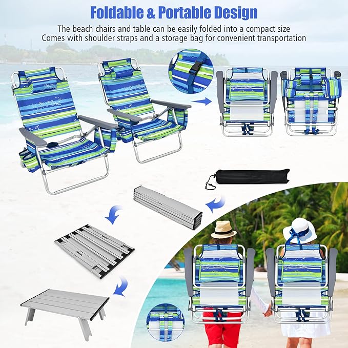 Tangkula Backpack Beach Chair with Table, 5-Position Lay Flat Beach Chairs with Cooler Bag, 2 Cup Holders, Towel Bar, Lightweight Low Folding Beach Chair with Backpack Straps