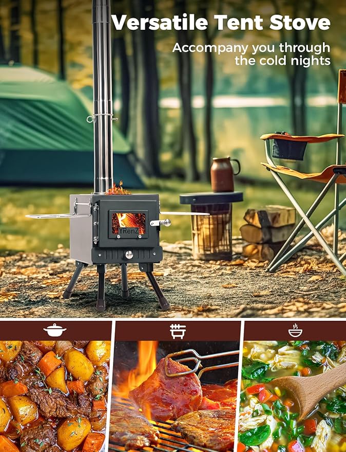 Upgraded Hot Tent Stove – High-Temperature Wood Burning with 7-Section Roll-Edge Chimney, Reinforced Door Frame, Airtight Body & Tempered Glass – Portable for Camping, Ice Fishing, Hunting