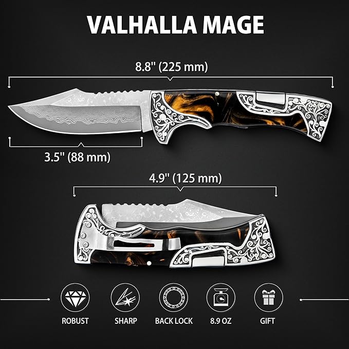 VALHALLA MAGE Damascus Pocket Knife, 3.5'' Sharp Blade Pocket Folding Knife with Back Lock, Cool EDC Pocket Knife with Clip For Men Collector