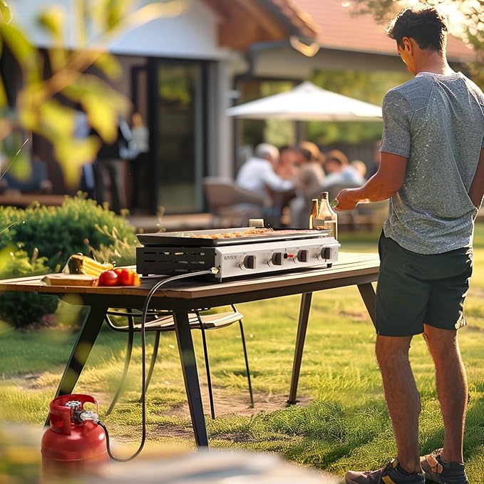 Bonnlo 4 Burner Portable Propane Griddle, 40,000BTU Gas Grill with Enameled Tray, Rolling Flat Top Gas Grill with Electronic Ignition & Regulator for Outdoor Camping Cooking BBQ