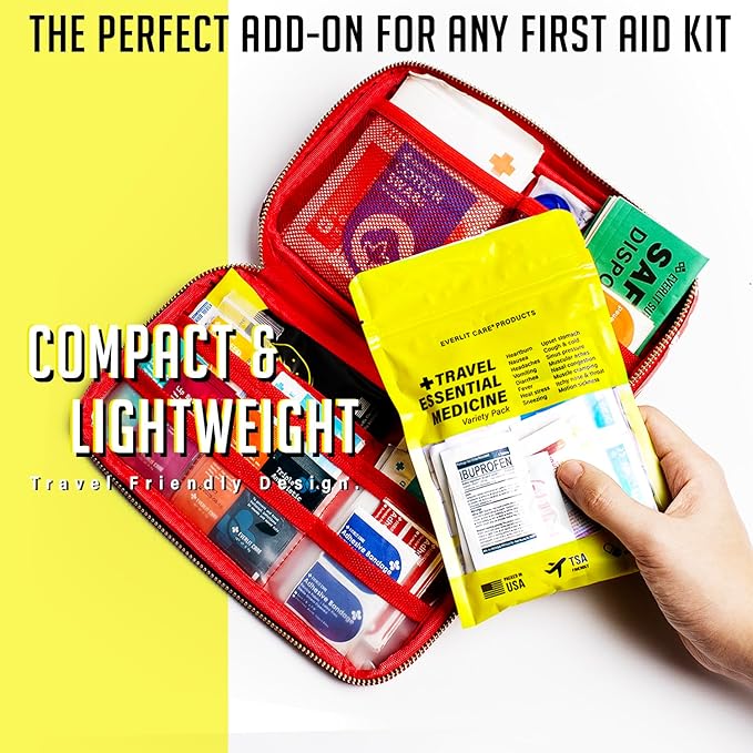 Travel Essential Medicine First Aid Kit I Bonus Medical Supplies I TSA Compliant Mini Size Medkit for Traveling Camping Trips Individually Packed 64 Tablets (Refill Pack)