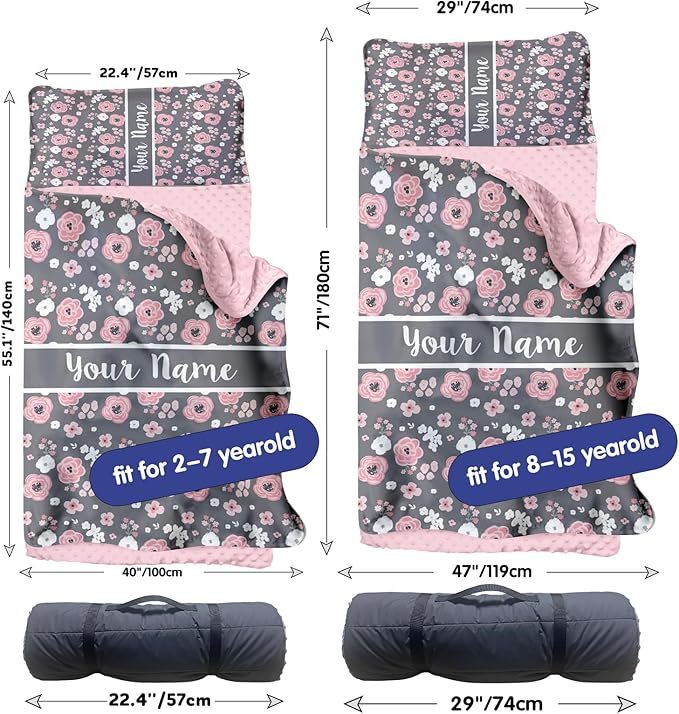 Personalized Toddler Nap Mat for Preschool, Custom Name Kids Sleeping Bag for Daycare, Kindergarten Roll Up Sleeping Mat with Removable Pillow and Soft Blanket, Fun Themes for Boys & Girls