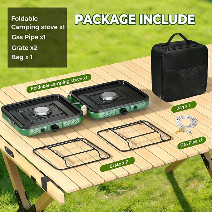 2 Burner Camping Stove, 20000 BTU Propane Camp Stove Portable Folding Gas Travel Stove Camping Essentials Gears Includes Grill,Carrying Bag, Adjustable Burners & Piezo Ignition for Tailgating,BBQ,Camp