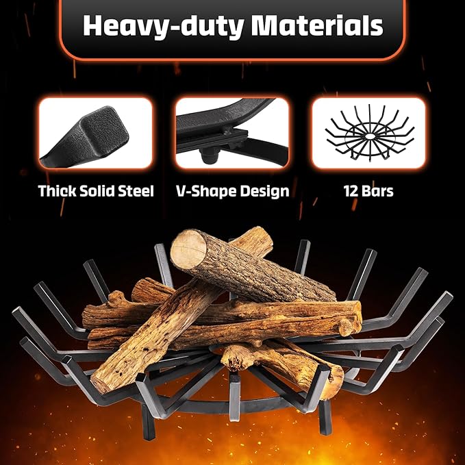 Idzo 27in Fire Grate Log Grate Wrought Iron Fire Pit Round Spider Wagon Wheel Firewood Heavy Duty Bar Fireplace Stove Burning Rack Holder 4Legs Black