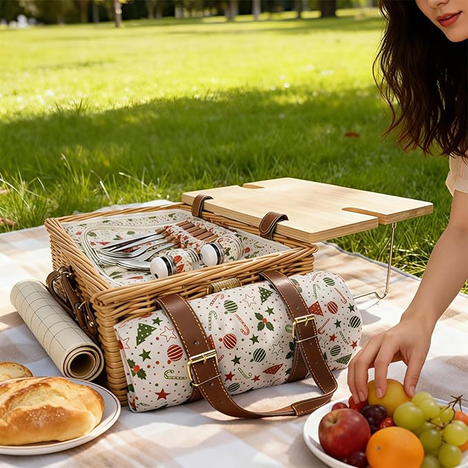 Wicker Picnic Basket Kit Set For 2 Adults With Blanket And Folding Wine Table,Multifunctional Picnic Set Insulated Portable Big Storage Capacity Full Tablewares,Camping,Outdoor,Christmas,Wedding,Gifts