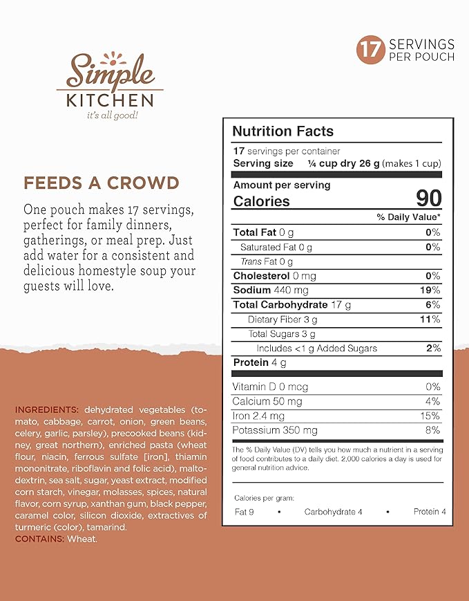 READYWISE - Simple Kitchen, Minestrone Soup Mix, 17 Servings Per Pack, MRE, Vegetarian, Hiking, Camping Essentials, Food, Soup Mix, for Events, Emergency Food Supply, or Daily Use, Pack of 4