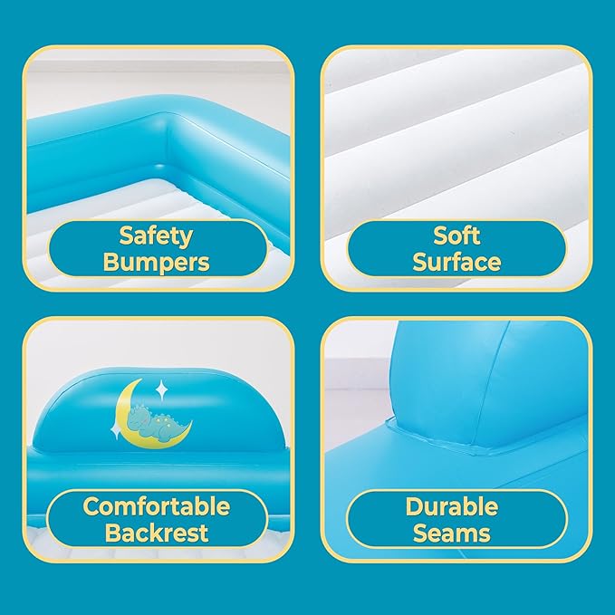 Inflatable Toddler Travel Bed with Electric Pump – Portable Toddler Bed & Toddler Air Mattress for Kids 2-7, Blow Up Bed for Camping, Travel & Sleepovers with Safety Bumpers