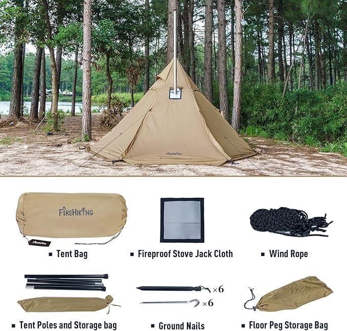 FIREHIKING Camping Hot Tent 2-4 Person Teepee Tent with Stove Jack for Backpacking Hunting 11'6" x 6'11" | with Stove Jack, for Backpacking, Hunting