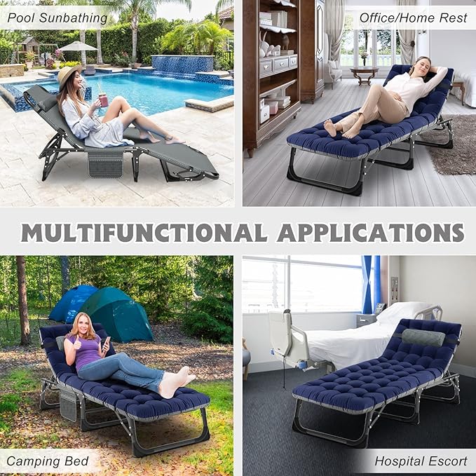 ABORON 5 Positions Camping Cots for Adults,Outdoor Folding Sleeping Cot/Mat,Folding Chaise Lounge Chair with Pillow,Portable Reclining Chair for Beach Lawn Camping Pool,Sunbathing Chairs