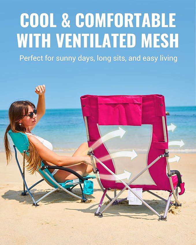 KingCamp Low Beach Chairs, Folding Portable Chair for Adults Lightweight Extra Wide Seat 300lbs Heavy Duty Oversized Backpack, Carry Bag for Camping