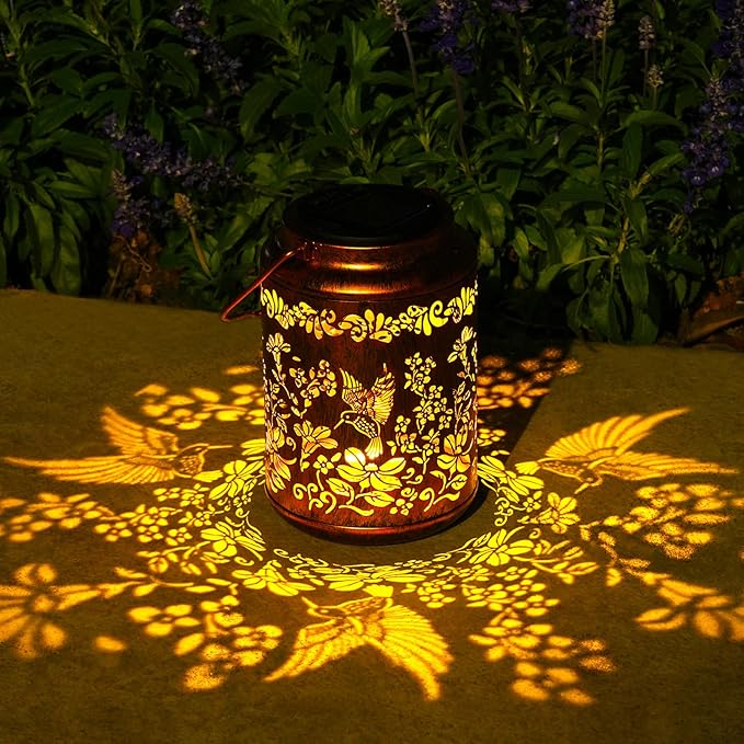 Solar Lanterns Outdoor Waterproof Solar Garden Lights Hummingbird Gifts for Women Mom Grandma 50LM LED Metal Hanging Lanterns with Handle Garden Decor Light for Table Pathway Walkway, 1 Pack