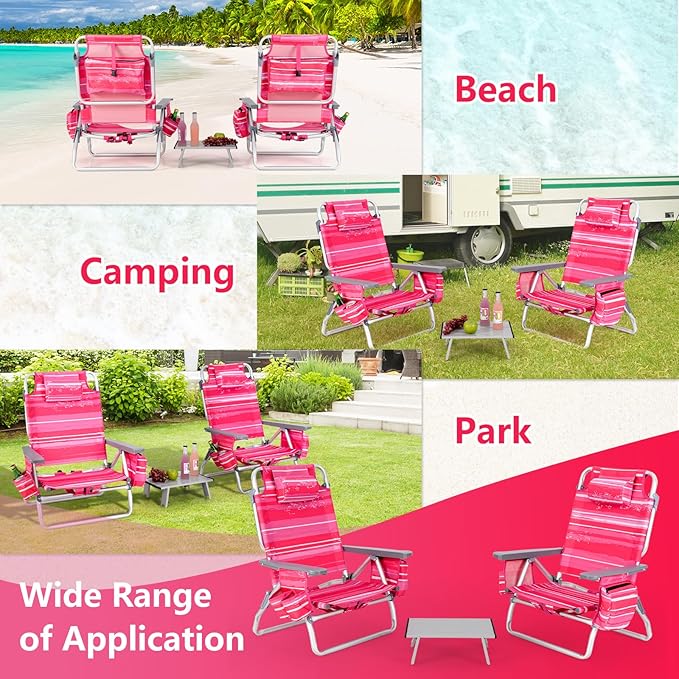 Giantex Folding Beach Chair, Patio Sling Chairs with 5 Adjustable Position, Head Pillow, Storage Bag, Towel Bar, Cup Holders, Backpack Chairs for Sunbathing, Camping Chair