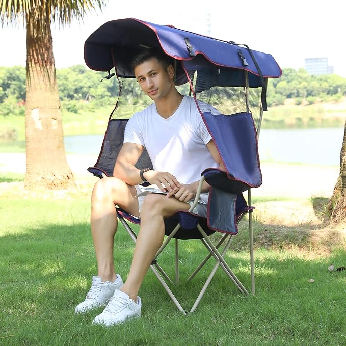 Camping Chair with Canopy - Beach Chair with Shade for Outdoor Use, Adjustable Sunshade, Cup Holder, Side Pockets - Heavy Duty Folding Chair with Canopy Supports 330 lbs (Navy)