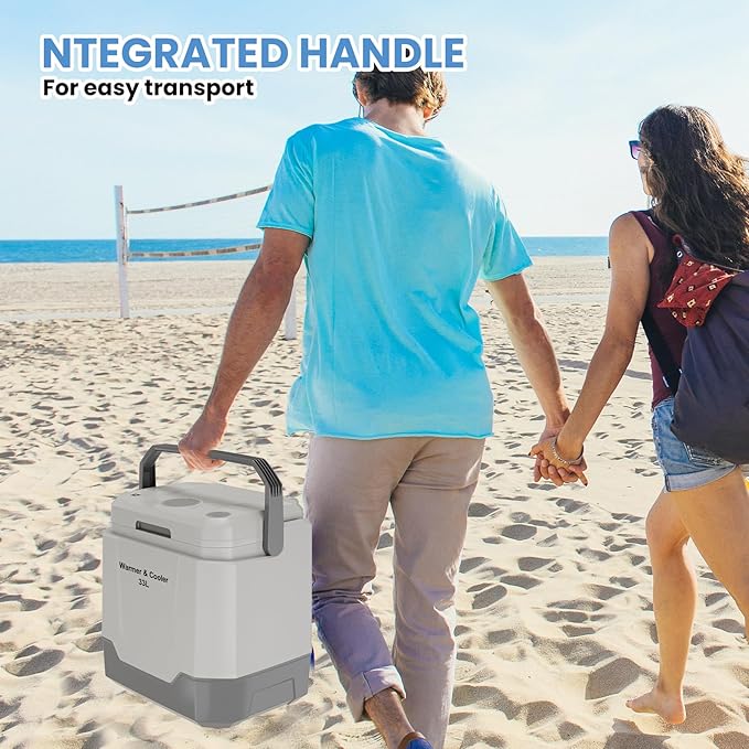 35 QT (33 L) Electric Cooler & Warmer, Portable Car Refrigerator With Automatic Locking Handle, 12V Car Cooler for Vehicle & Trucks, 110V AC Home Power Cord, Plug In Coolers, Grey
