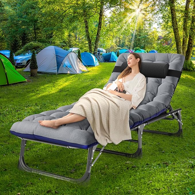 Barbella Folding Camping Cots Patio Lounge Chair with Mattress, 4 Position Adjustable Folding Sleeping Bed Patio Chaise Lounge Chairs for Sunbathing, Camping, Pool, Beach, Patio
