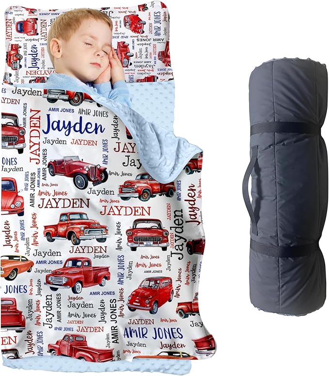 Personalized Toddler Nap Mat for Preschool, Custom Name Kids Sleeping Bag for Daycare, Kindergarten Roll Up Sleeping Mat with Removable Pillow and Soft Blanket, Fun Themes for Boys & Girls