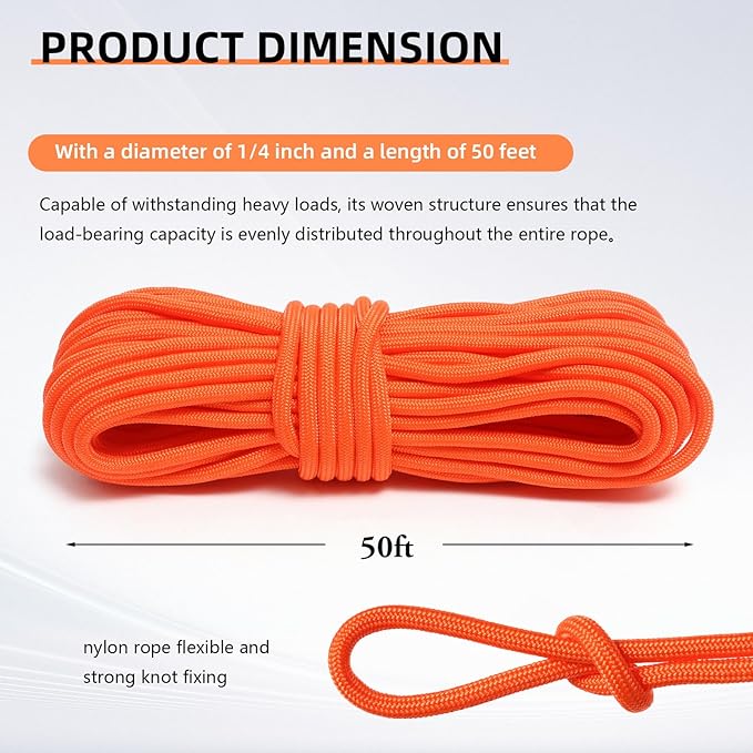Nylon Rope, 1/4 inch 50FT Nylon Poly Rope Utility Cord Strong Polyester for Camping, Hiking, Clothesline, Tie, Flag Pole, Marine, Swing Outdoor & Indoor (6mm Orange)