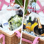 Wicker Picnic Basket for 4 with Waterproof Picnic Blanket and Insulated Cooler, Willow Hamper for Camping, Outdoors, Photoshoot, or a Birthday, Valentine’s Day, Wedding Gift, Pink