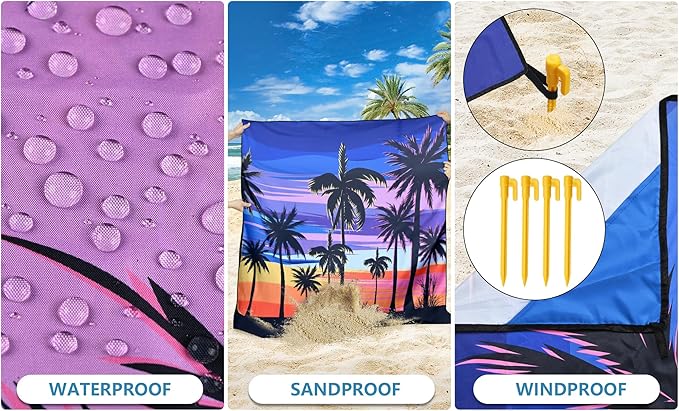Beach Blanket Waterproof Sandproof Beach Mat 79" X 83"/10'x9'for 2-8 Adults Quick Drying Outdoor Picnic Mat Beach Accessories for Travel, Camping, Hiking