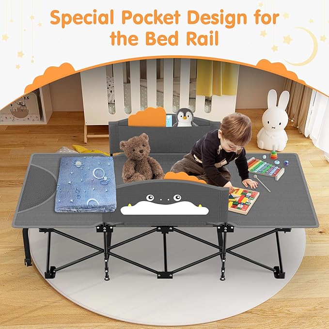 Suteck Kids Camping Cot, Comfortable Toddler Cot Bed Easy to Store and Use, Portable Sleeping Cot with Guardrail, Lightweight Bed for Outdoor Indoor Home
