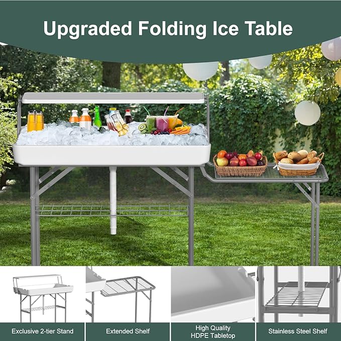 Two Tier Ice Cooler Table with Foldable Extension Stand, 4 Foot Outdoor Ice Table with Matching Skirt & Drain Hose, Folding Cooler Server with Metal Shelf for Party, BBQ, Camping Picnic, White