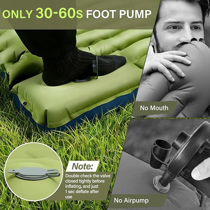 Camping Sleeping Pad, Ultralight Camping Mat with Pillow, Built-in Foot Pump Inflatable Sleeping Pads Compact for Camping Backpacking Hiking Traveling Tent,Single,Green