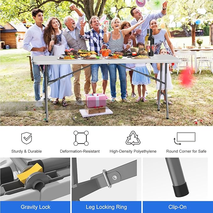 10 Pack Foldable Table 6ft, Plastic Folding Table, Portable Heavy Duty Dining Table with Lock Function & Carrying Handle, Outdoor Indoor Foldable White Table for Camping Party Picnic