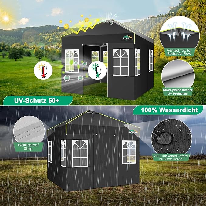 COBIZI 10x10 Pop Up Canopy Tent with 4 Removable Sidewalls, One Push Party Tent Outdoor Waterproof Event Canopy with Air Vent for Parties Commercial Wedding, 3 Height, Carry Bag, Sandbag, Black