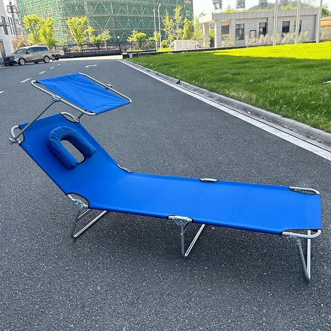 Portable Folding Bed for Adults with Neck Strap Metal Canvas Fold Up Bed with Sunshade Cots for Camping with Handles Load Bearing 160kg for Guest, Travel, Vacation, Camping(Blue)