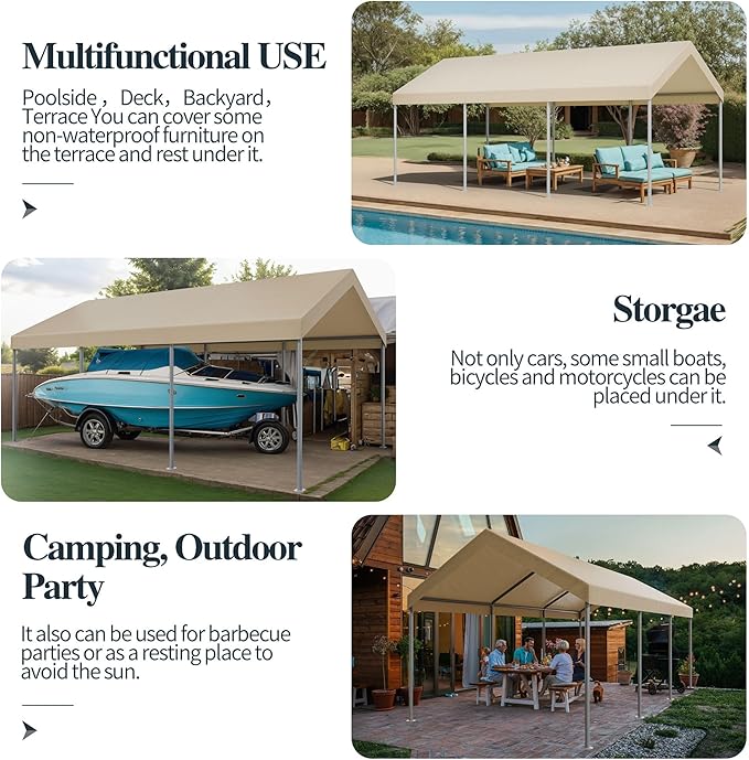 Shintenchi 10x20ft Heavy Duty Carport with UV&Wind Resistant Canopy,Portable Carport Garage Shelter with Stable Powder-Coated Steel Frame,Outdoor Carports for Car,Bike,Camp,Storage(Khaki)