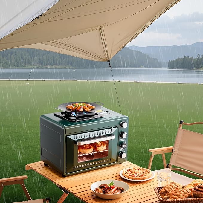 VEVOR Outdoor Camping Oven, 2-in-1 Portable Gas Camping Stove Oven Combo, Adjustable Fire, 60-Minute Timer, Windproof, for Camping Backyard Picnic Outdoor Cooking, Universal Butane Canister Compatible